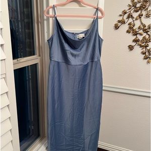 BHLDN Cali Satin Charmeuse Midi Dress Blue Draped